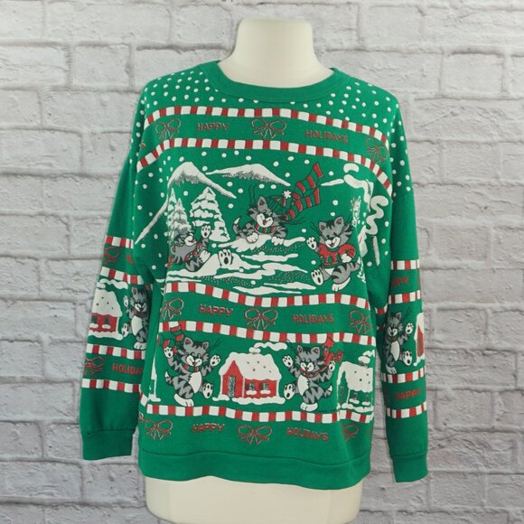 Vintage 80s Christmas Holiday Cats Pullover Sweatshirt - Picture 1 of 7